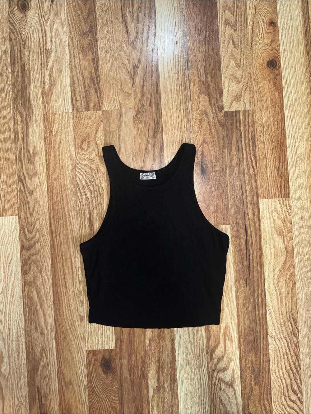 Free People Black Ribbed Cropped Tank Top Round Neck Stretch Sleeveless XS